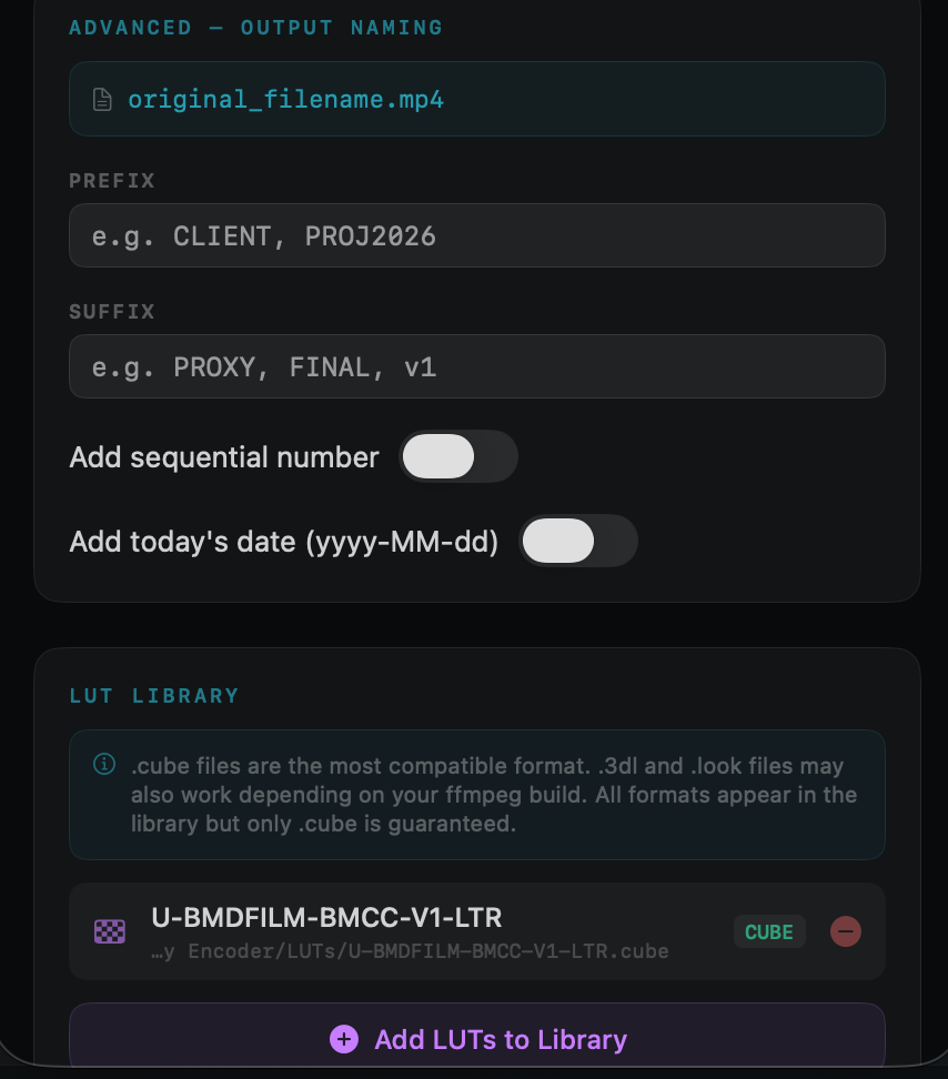 a very silly encoder — output naming and lut library